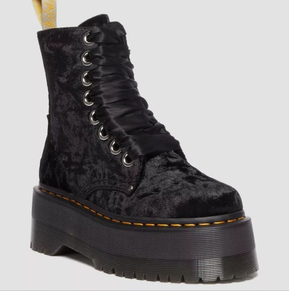 Dr. Martens Jadon Max Vegan Black Crushed Velvet Plaform Boots Ribbon Laces Sz 9 - Picture 11 of 12
